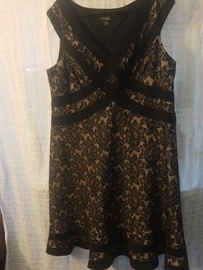 St. John Collection Black Lace Overlay with Nude Underlay A-Line Midi Dress